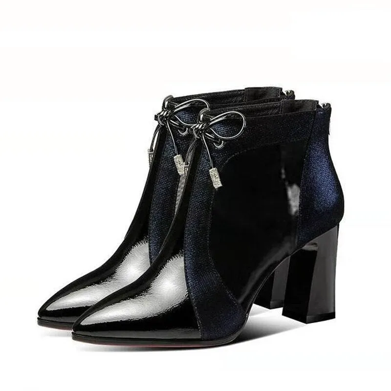 2020 Spring Autumn Patent leather thick High Heels Pointed Toe Faux Leather Zipper Style Sexy Ankle Womens Boots Bota Feminina