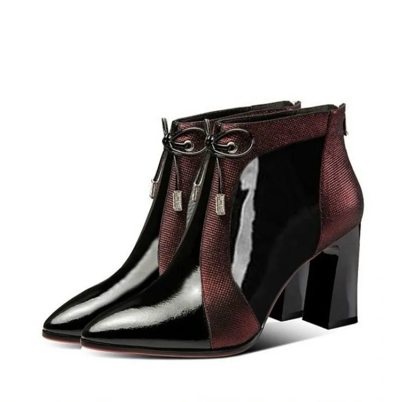 2020 Spring Autumn Patent leather thick High Heels Pointed Toe Faux Leather Zipper Style Sexy Ankle Womens Boots Bota Feminina