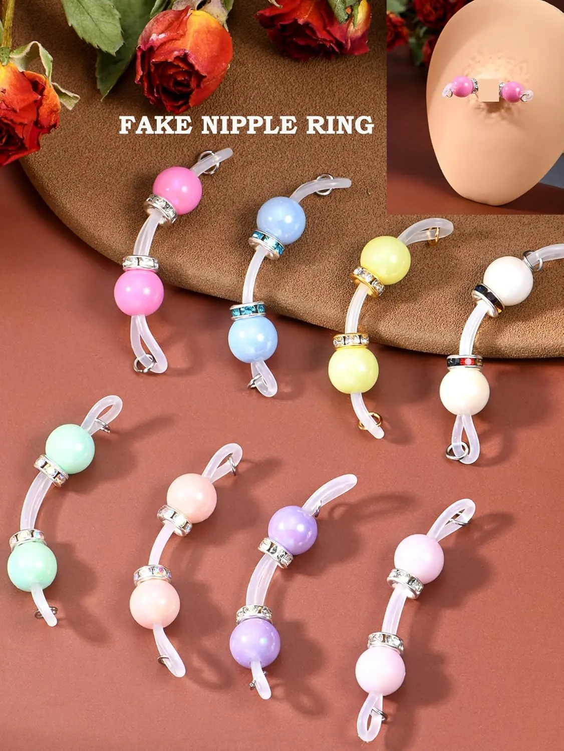 4 Pairs Handmade Fake Nipple Rings,Adjustable Nipple Nooses with 8mm Silicone Multicolor Beads and Barbells,Non-Piercing Faux Nipple Piercing Comfortable Everyday Wear Cute Body Jewelry