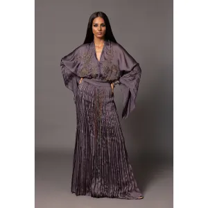 A Humming Way Shikhar Baugh Charcoal Kimono and Gucha Pleated Top with Skirt (Set of 2)