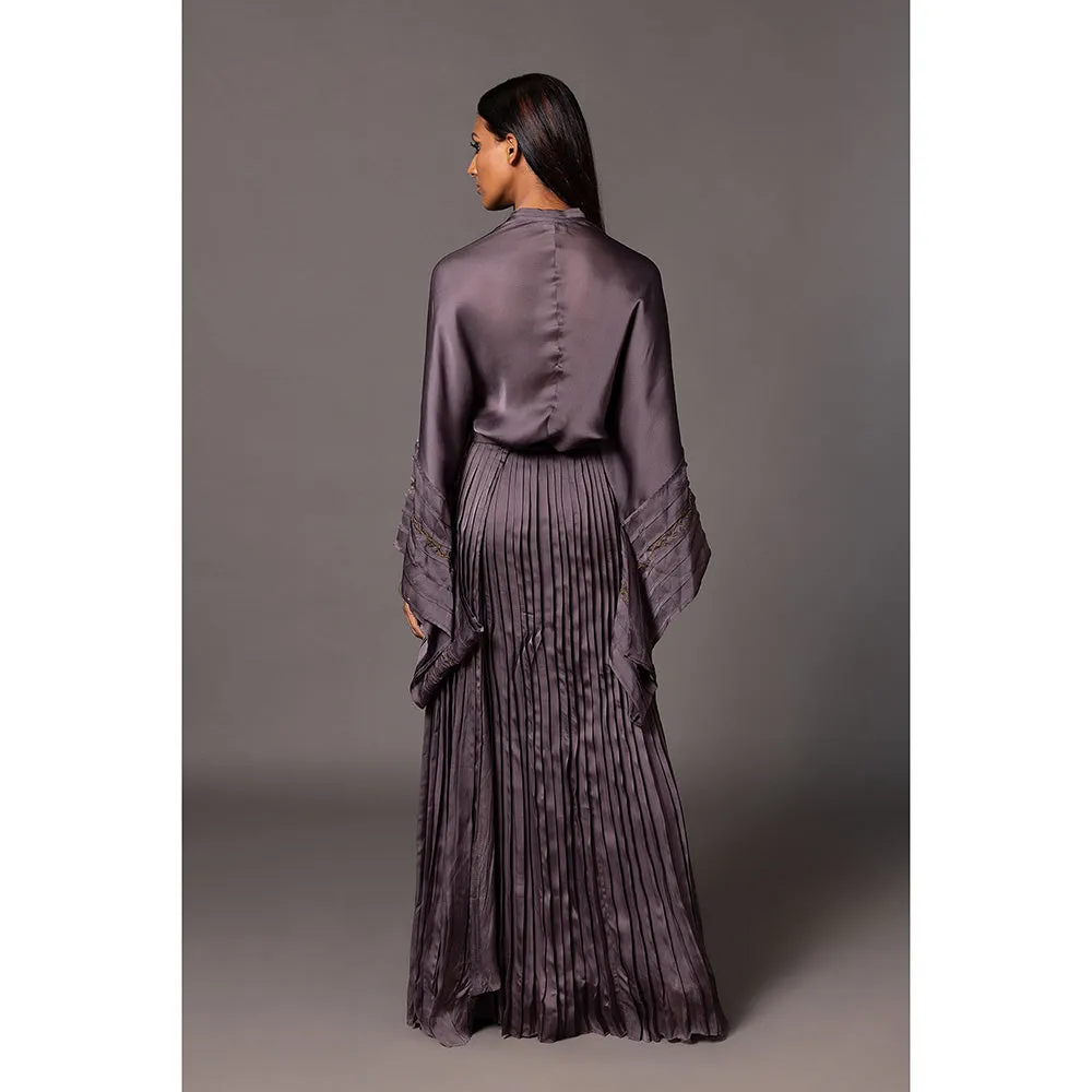 A Humming Way Shikhar Baugh Charcoal Kimono and Gucha Pleated Top with Skirt (Set of 2)