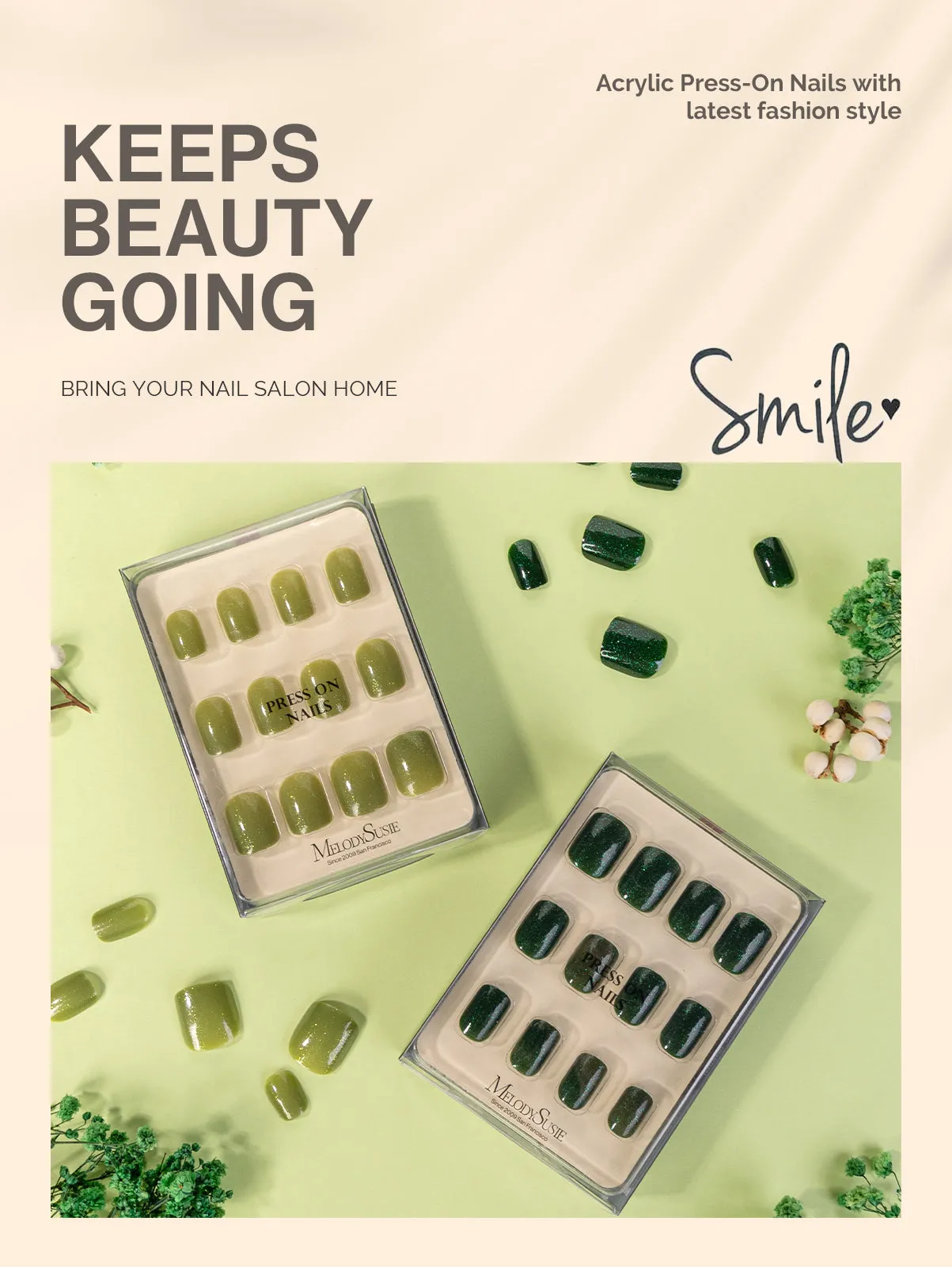 Acrylic Press On Nails - Short Square Forest Green