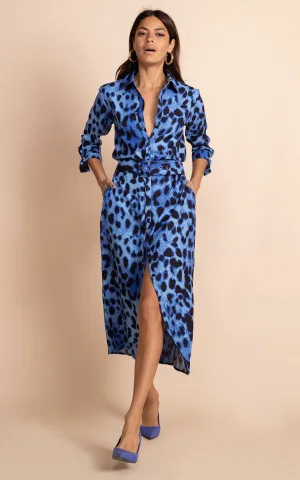 Alva Midi Shirt Dress in Bright Blue Leopard