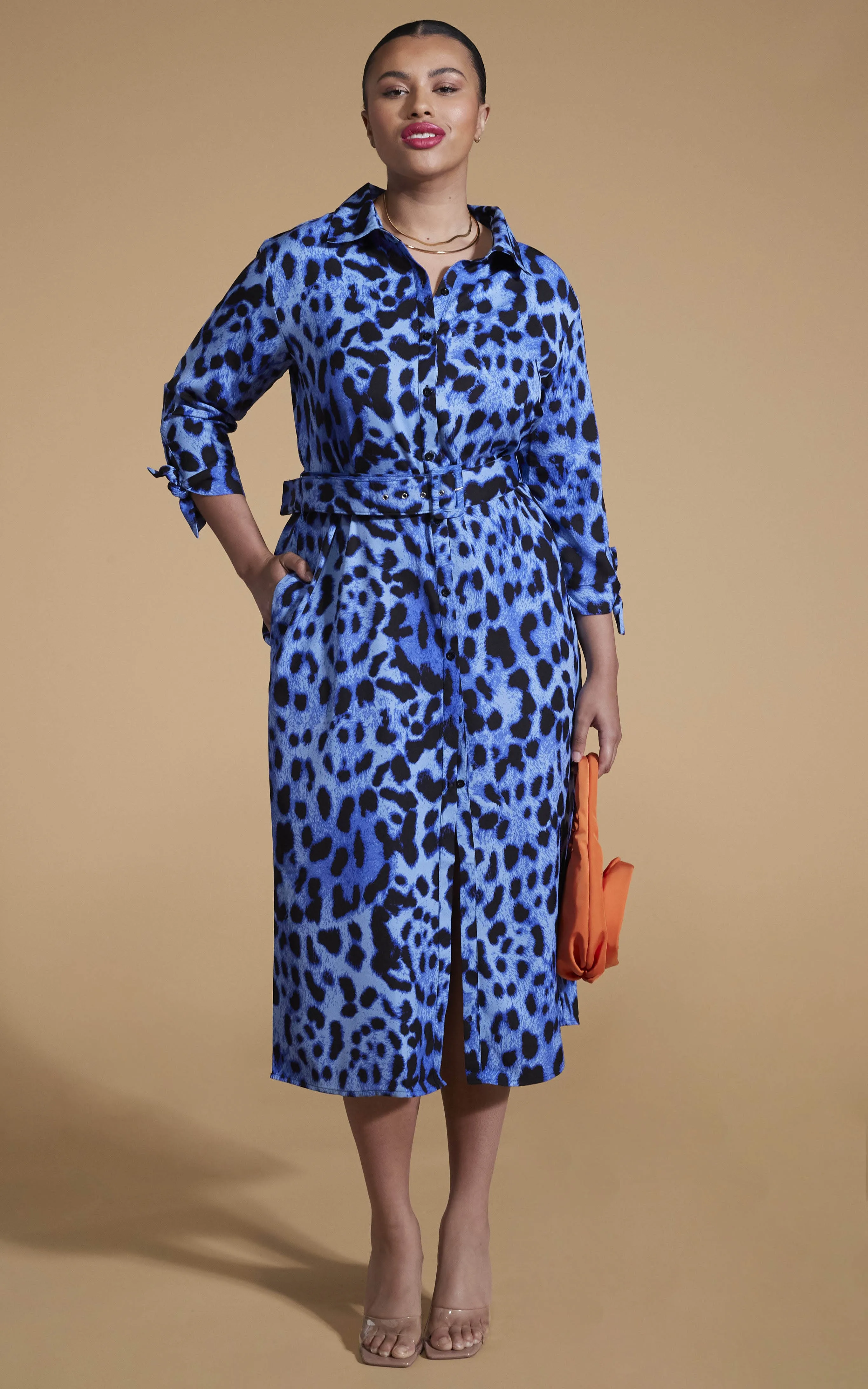 Alva Midi Shirt Dress in Bright Blue Leopard