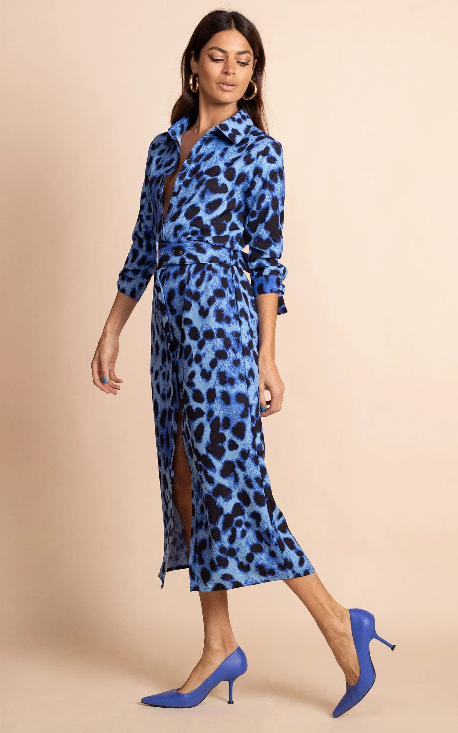 Alva Midi Shirt Dress in Bright Blue Leopard