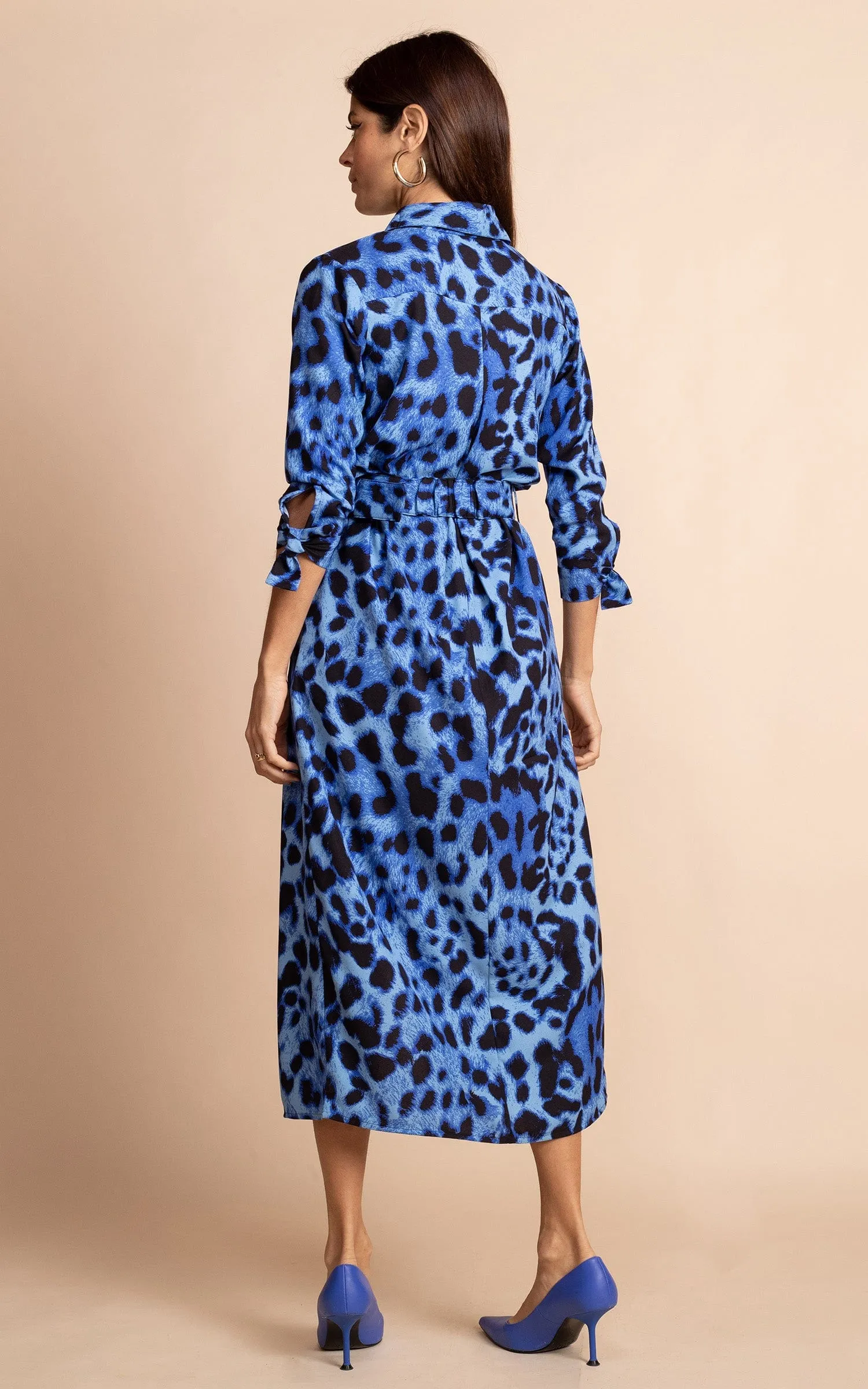 Alva Midi Shirt Dress in Bright Blue Leopard
