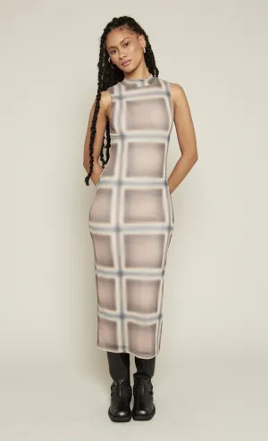 Beige Checked Sleeveless High Neck Maxi Dress