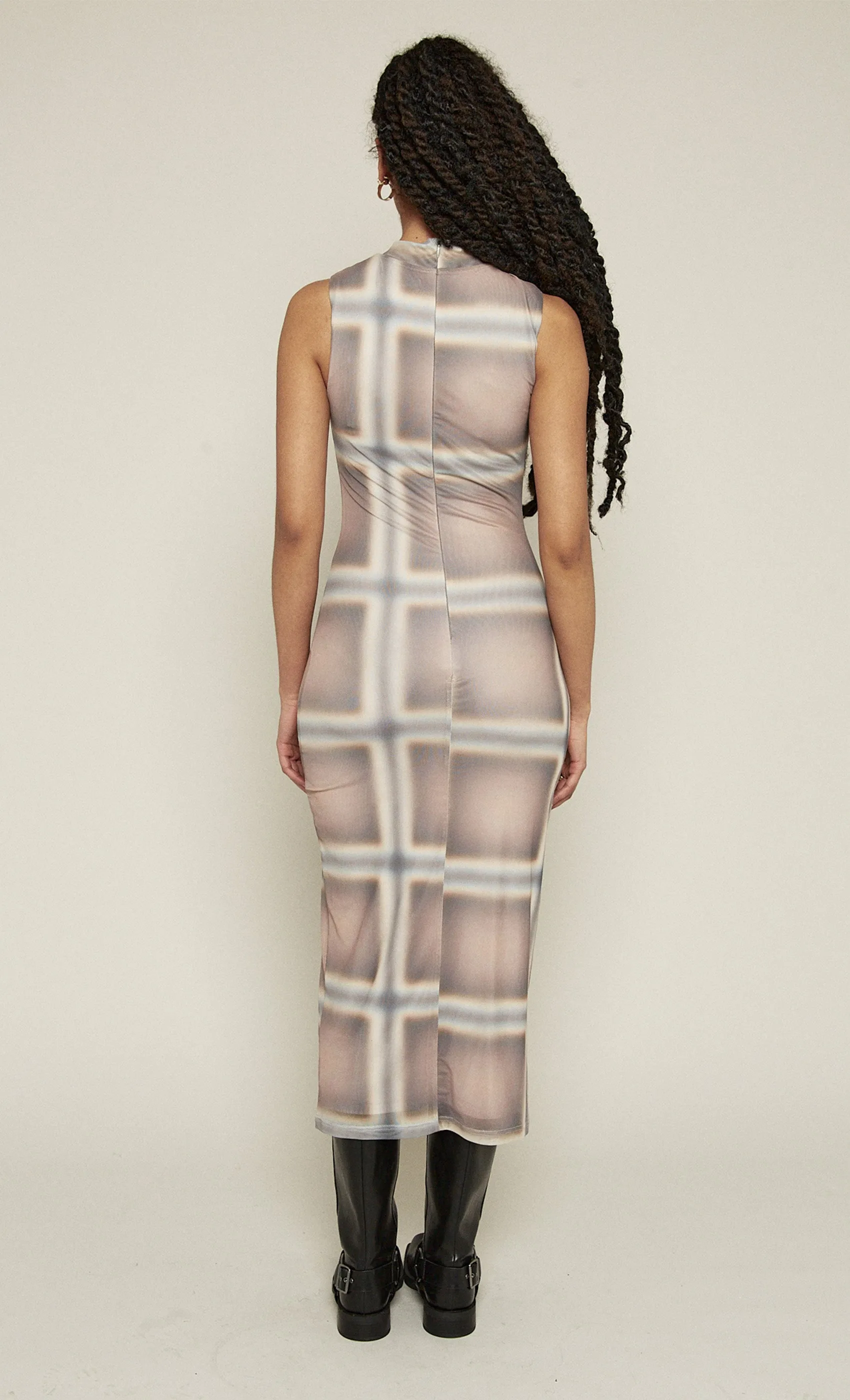 Beige Checked Sleeveless High Neck Maxi Dress