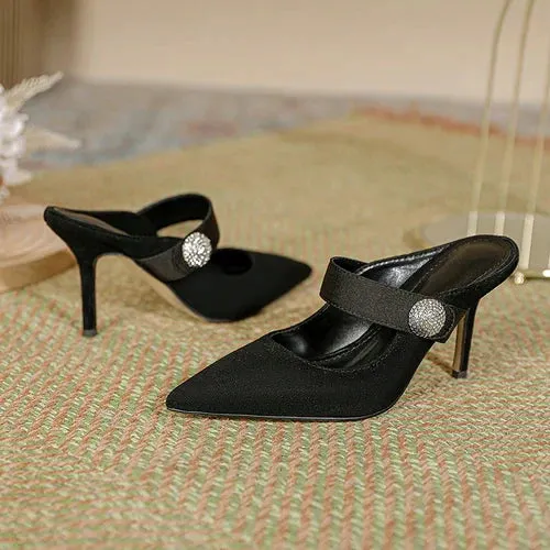 binfenxie  -  Baotou outer wear semi trailer women's 2024 spring new pointed rhinestone slim heels black casual sandals with high heels