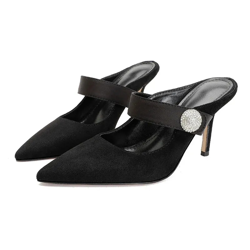 binfenxie  -  Baotou outer wear semi trailer women's 2024 spring new pointed rhinestone slim heels black casual sandals with high heels