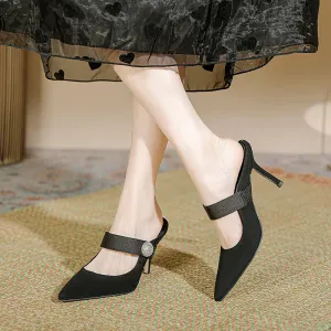 binfenxie  -  Baotou outer wear semi trailer women's 2024 spring new pointed rhinestone slim heels black casual sandals with high heels