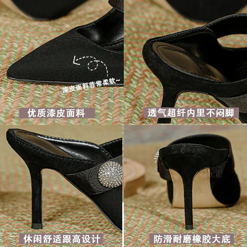 binfenxie  -  Baotou outer wear semi trailer women's 2024 spring new pointed rhinestone slim heels black casual sandals with high heels