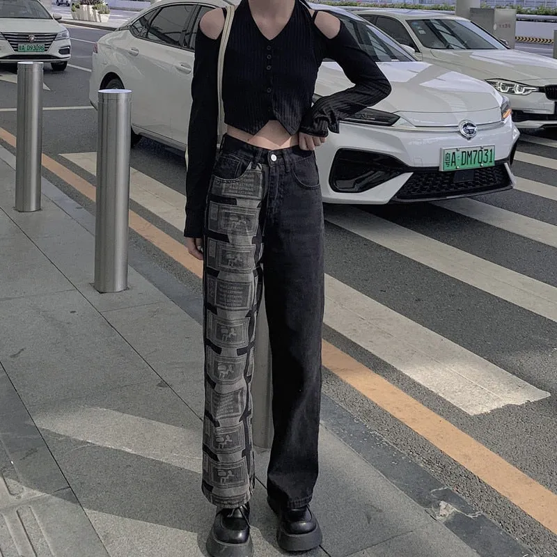 Black High Waist Women Straight Jeans Korean Fashion Denim Trouser Wide Leg Pants