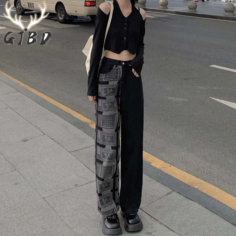 Black High Waist Women Straight Jeans Korean Fashion Denim Trouser Wide Leg Pants
