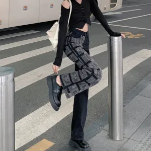 Black High Waist Women Straight Jeans Korean Fashion Denim Trouser Wide Leg Pants