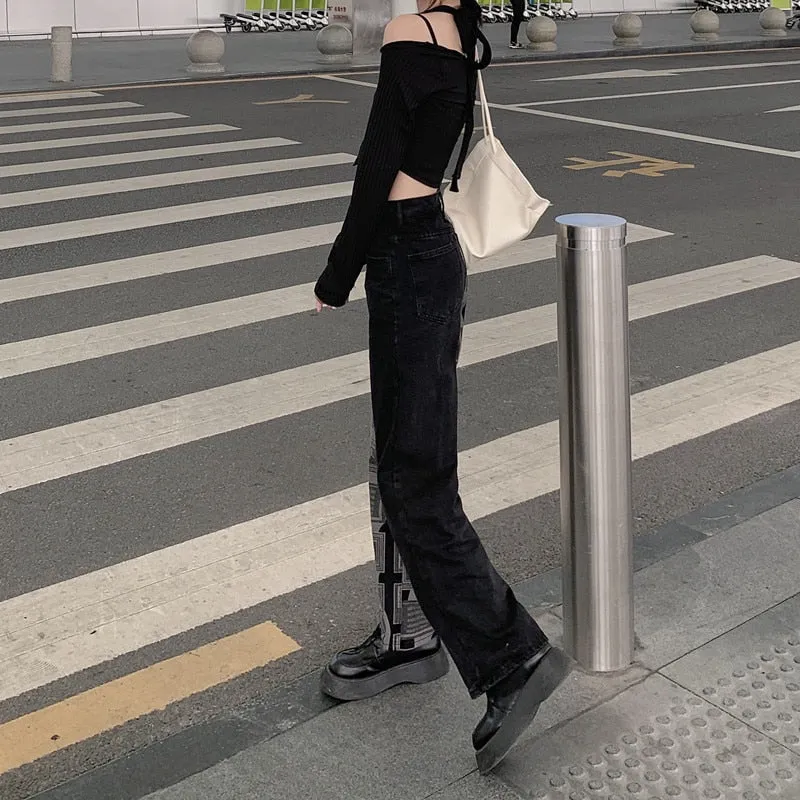 Black High Waist Women Straight Jeans Korean Fashion Denim Trouser Wide Leg Pants