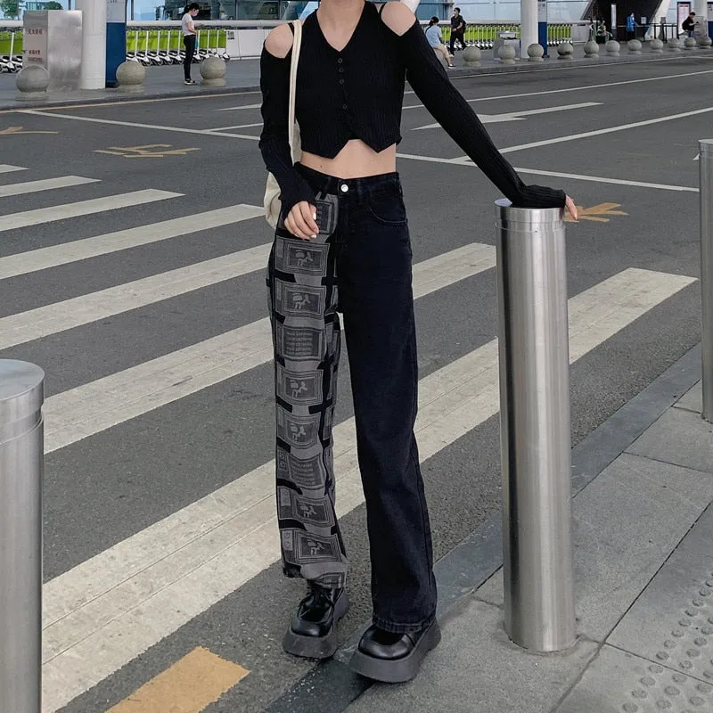 Black High Waist Women Straight Jeans Korean Fashion Denim Trouser Wide Leg Pants