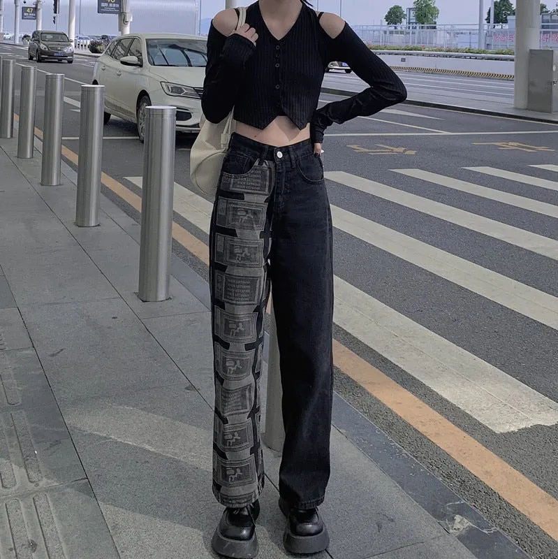 Black High Waist Women Straight Jeans Korean Fashion Denim Trouser Wide Leg Pants