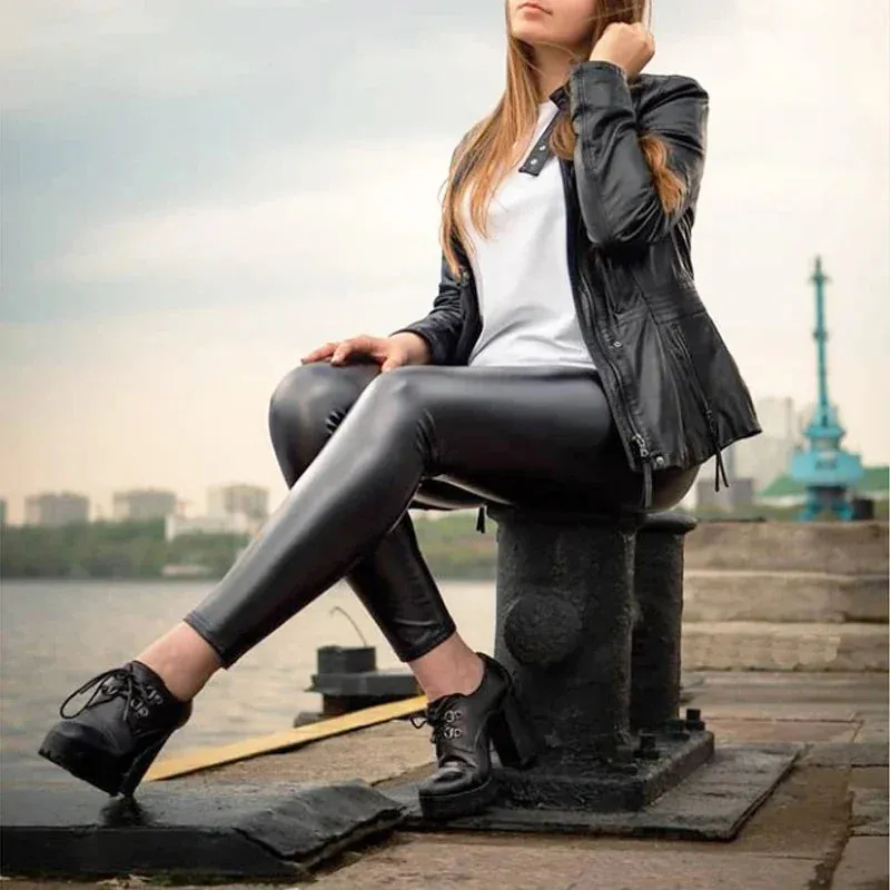 Black Leather High Waist Spandex Leggings