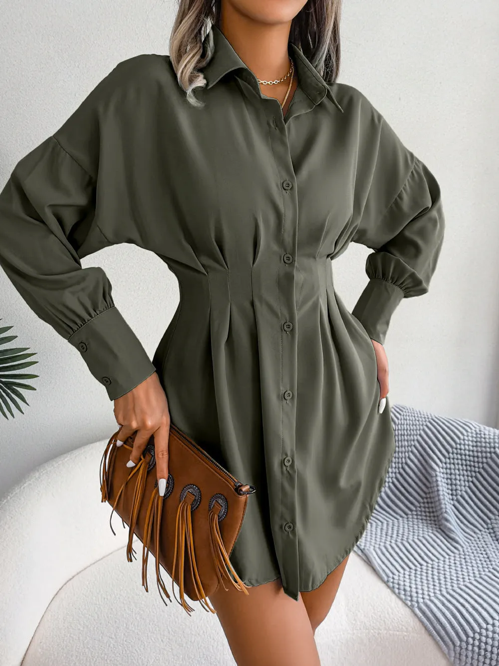 Cinched Waist Shirt Dress