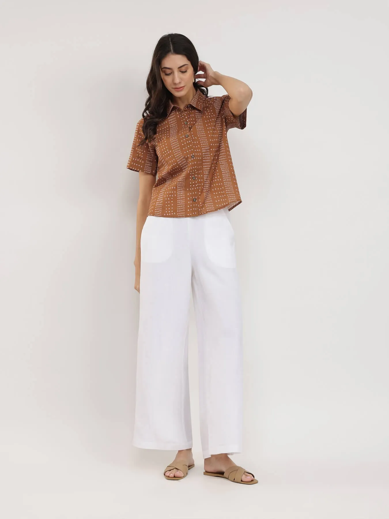Cotton Geometric Print Shirt - Tan