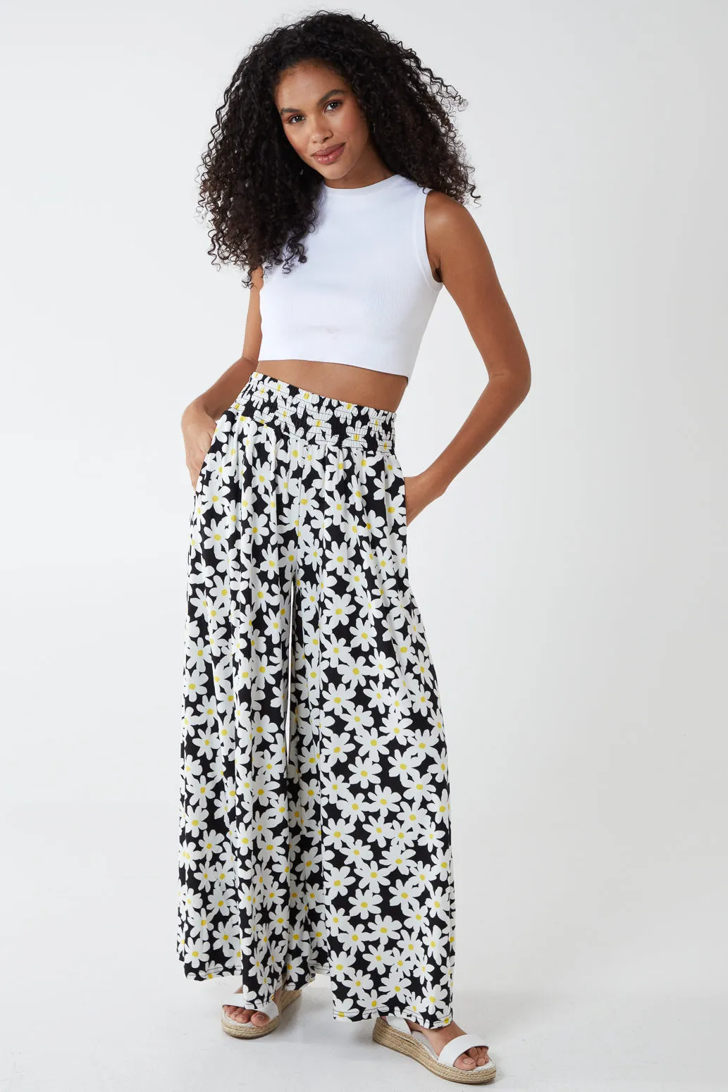 Daisies Shirring Waist Wide Leg Trousers