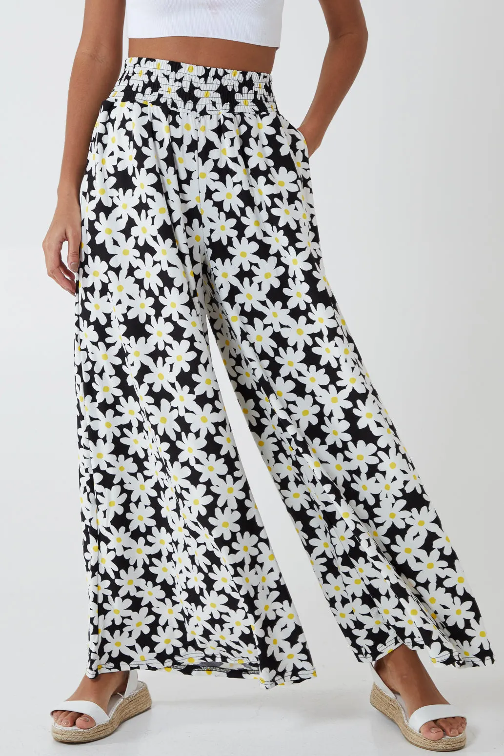 Daisies Shirring Waist Wide Leg Trousers