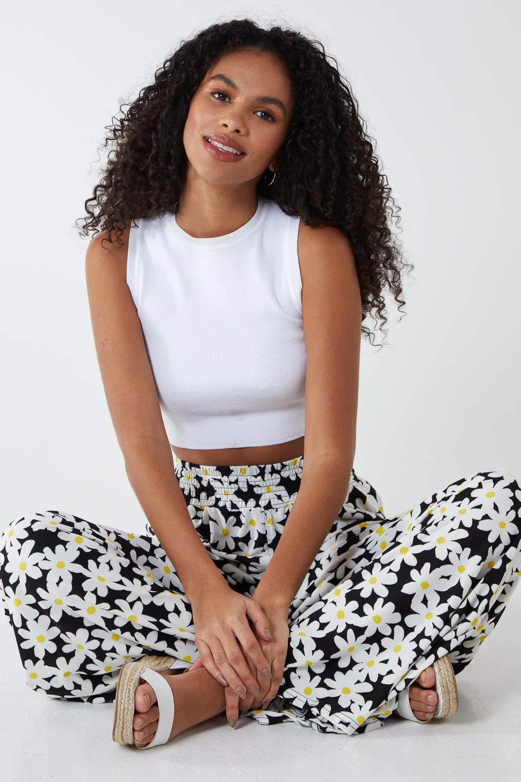 Daisies Shirring Waist Wide Leg Trousers