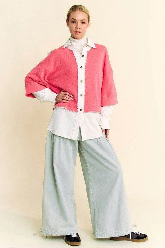 Davi & Dani Faux Layered French Terry Contrast Top In Strawberry