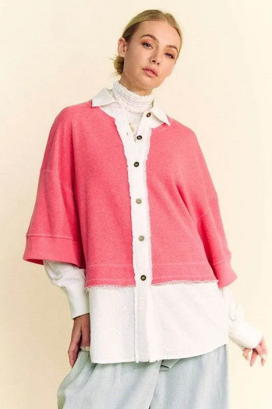 Davi & Dani Faux Layered French Terry Contrast Top In Strawberry