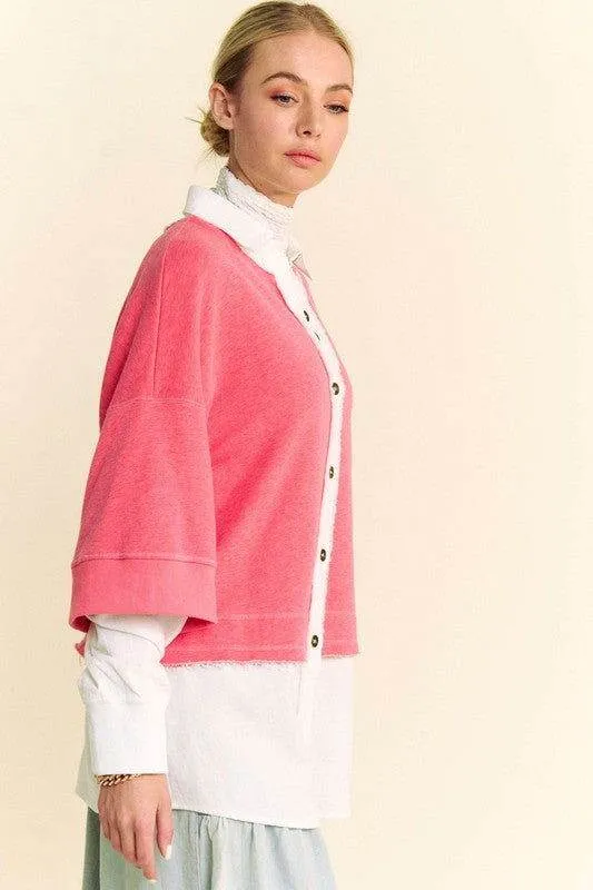 Davi & Dani Faux Layered French Terry Contrast Top In Strawberry