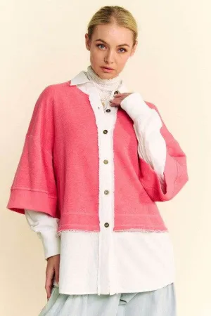 Davi & Dani Faux Layered French Terry Contrast Top In Strawberry