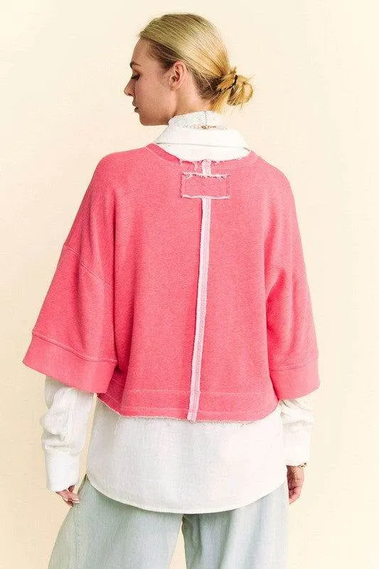 Davi & Dani Faux Layered French Terry Contrast Top In Strawberry