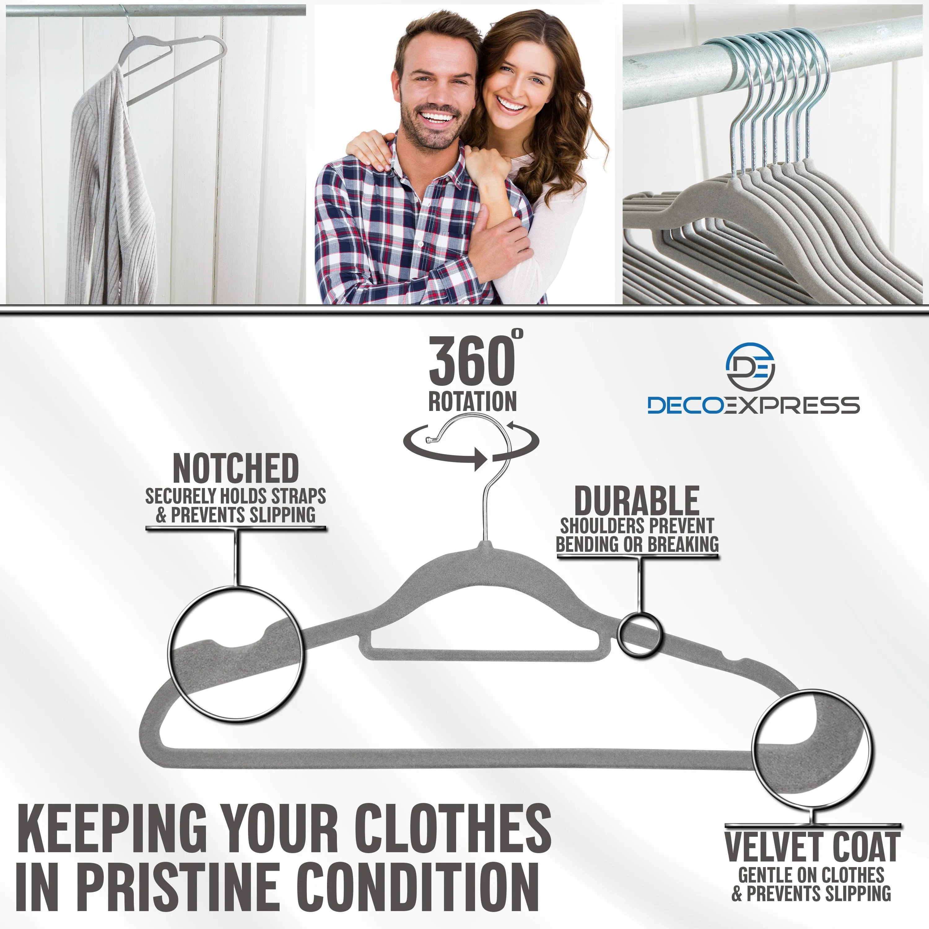 Deco Express Velvet Hangers, Space Saving Non Slip Coat Hangers for Clothes - 20 Pack