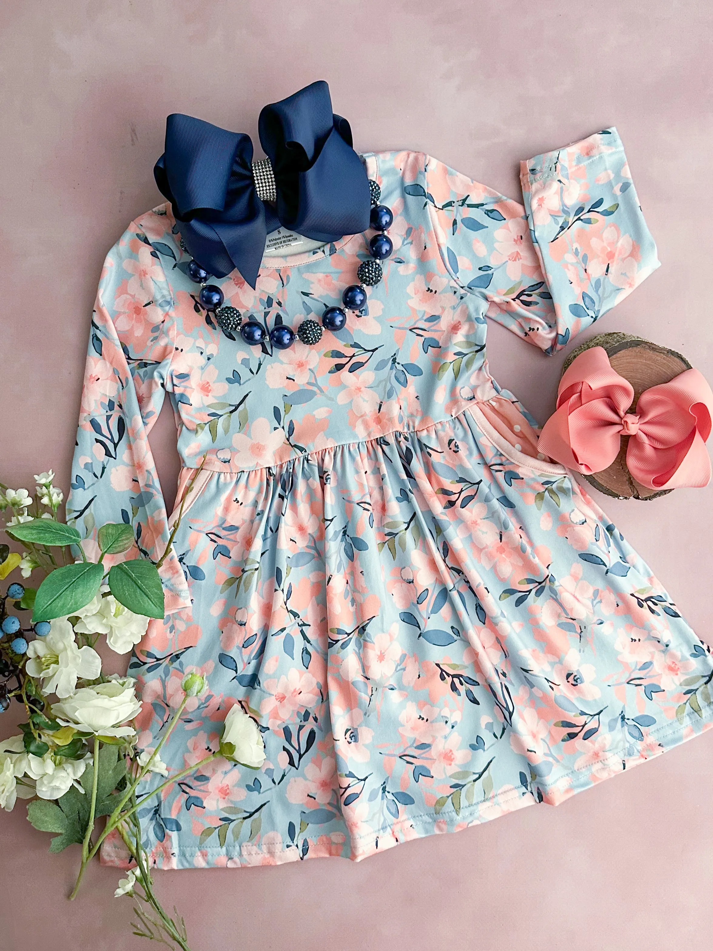Dusty Rose Floral Dress with Polka Dot Pockets