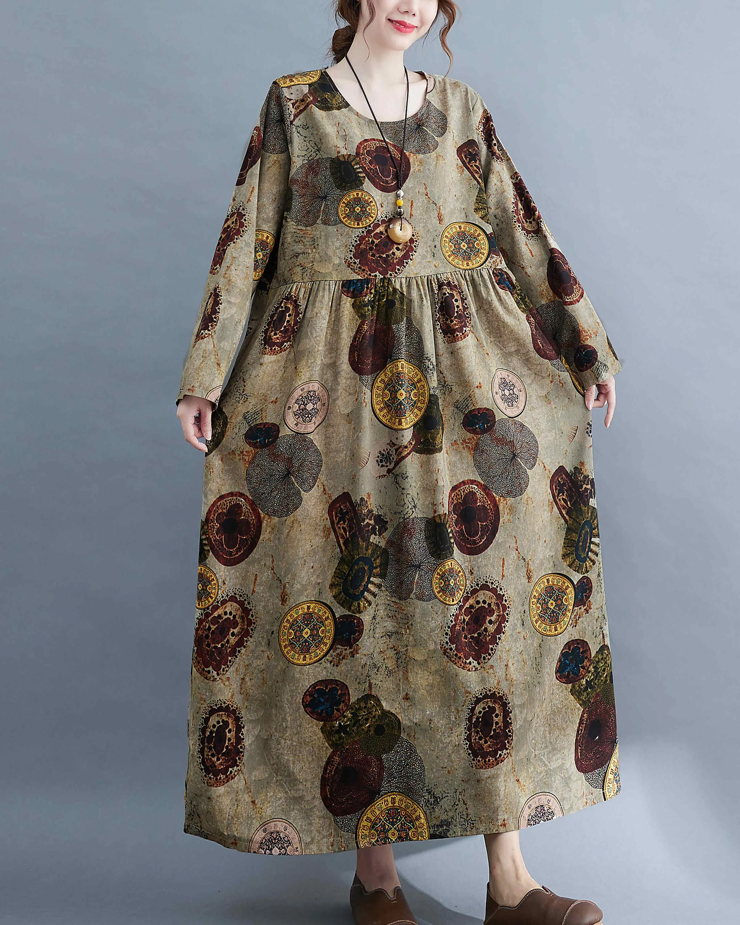 ellazhu Women Long Sleeve Crewneck Floral Print Boho Vintage Dress GA2452