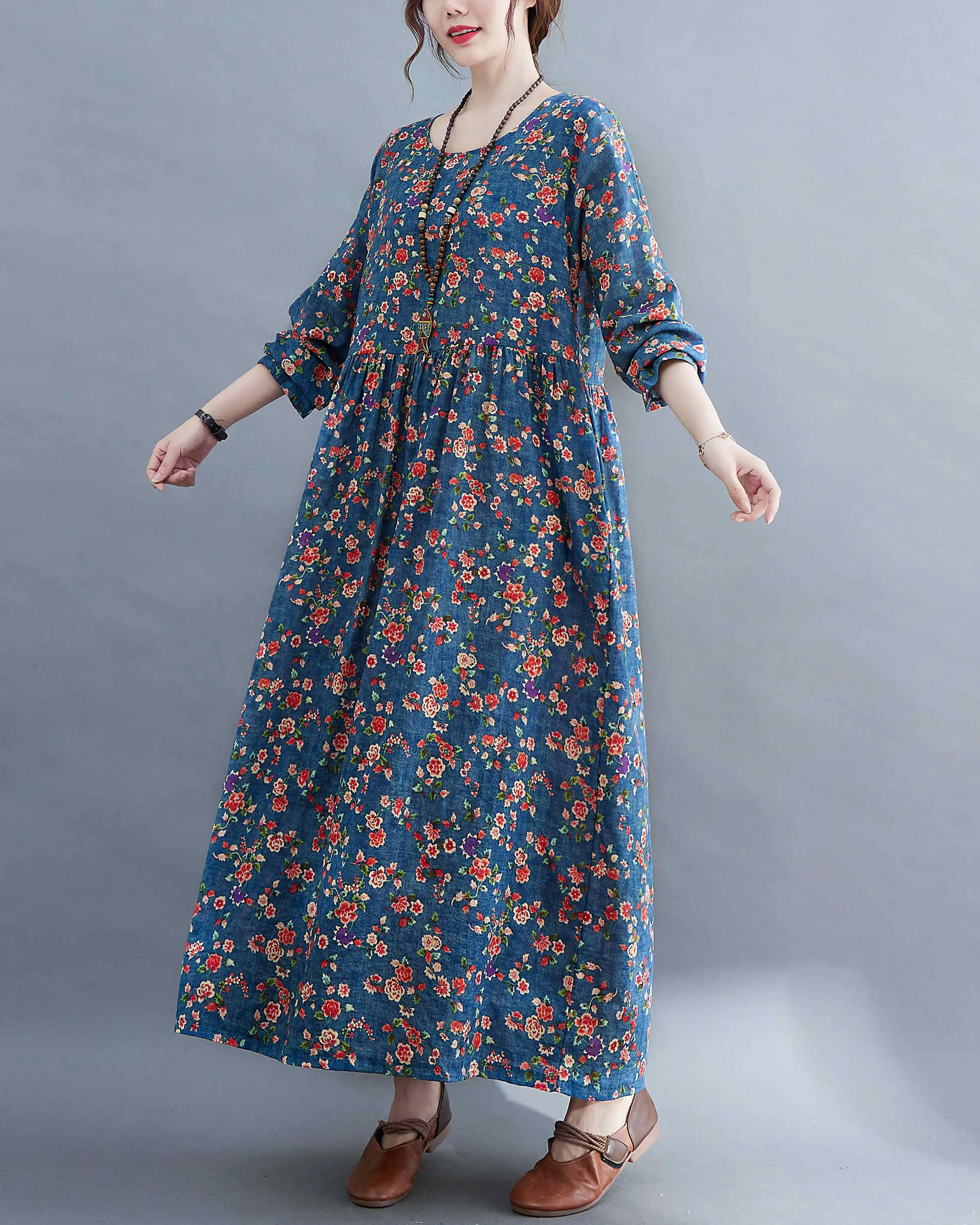 ellazhu Women Long Sleeve Crewneck Floral Print Boho Vintage Dress GA2452