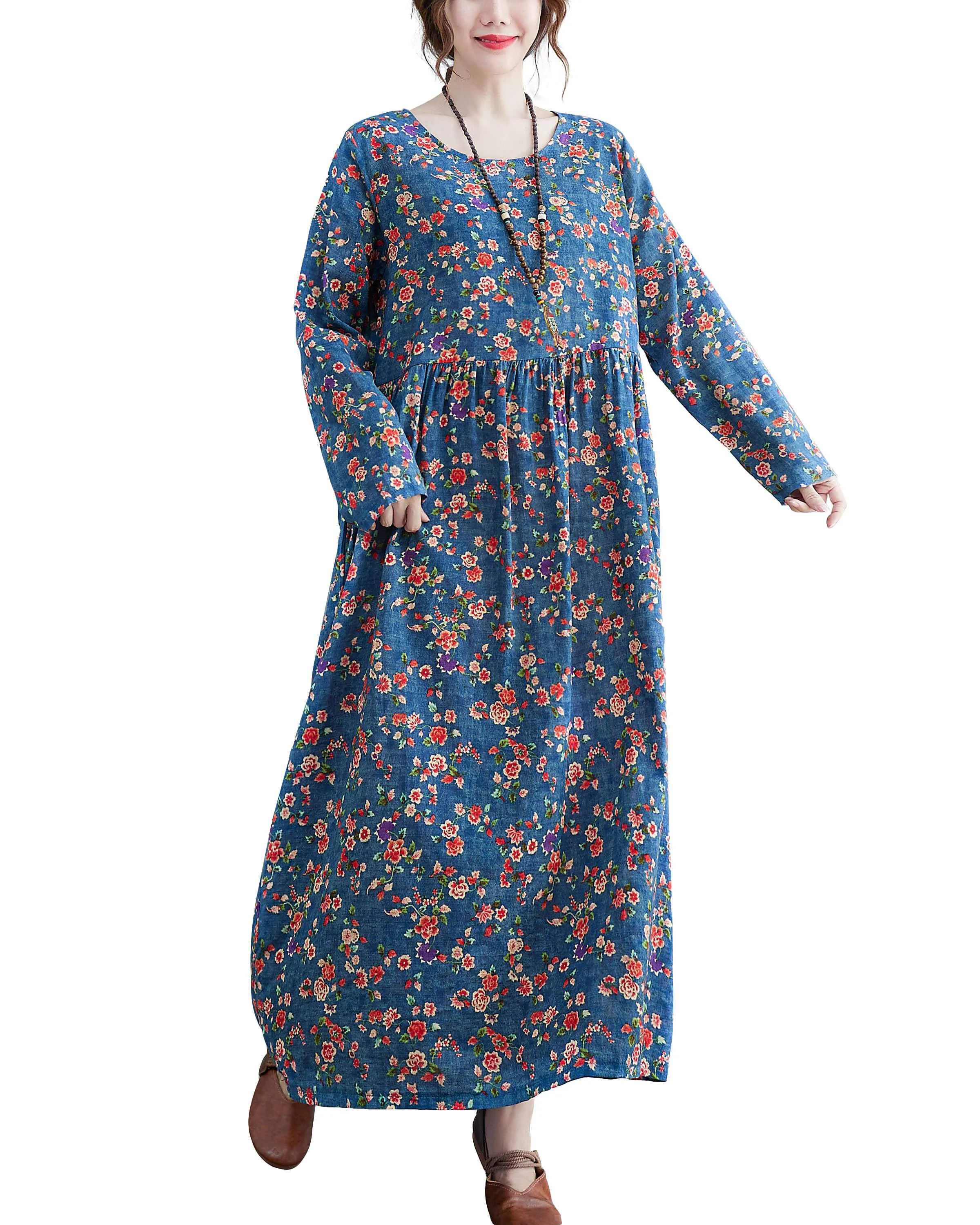 ellazhu Women Long Sleeve Crewneck Floral Print Boho Vintage Dress GA2452