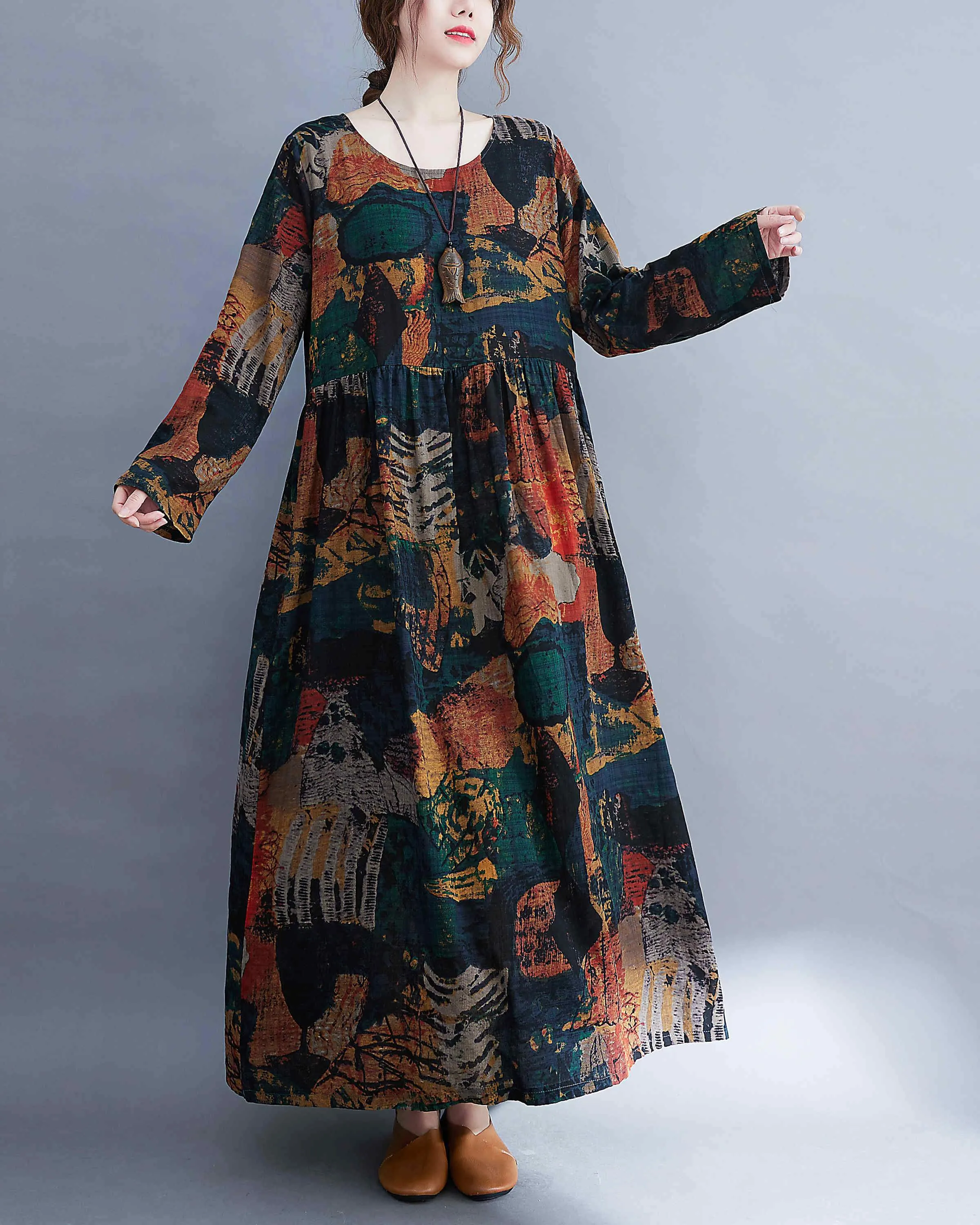 ellazhu Women Long Sleeve Crewneck Floral Print Boho Vintage Dress GA2452