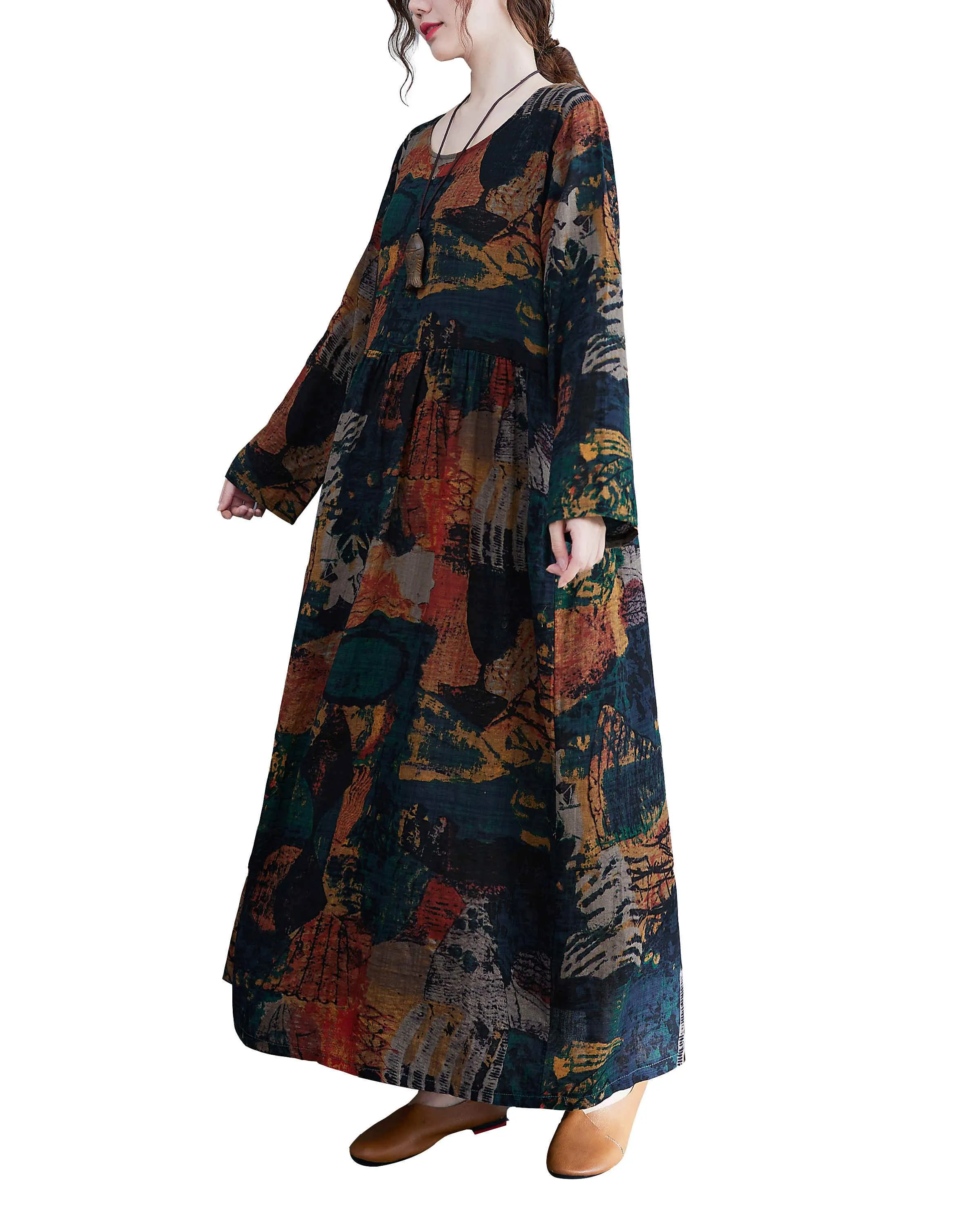 ellazhu Women Long Sleeve Crewneck Floral Print Boho Vintage Dress GA2452