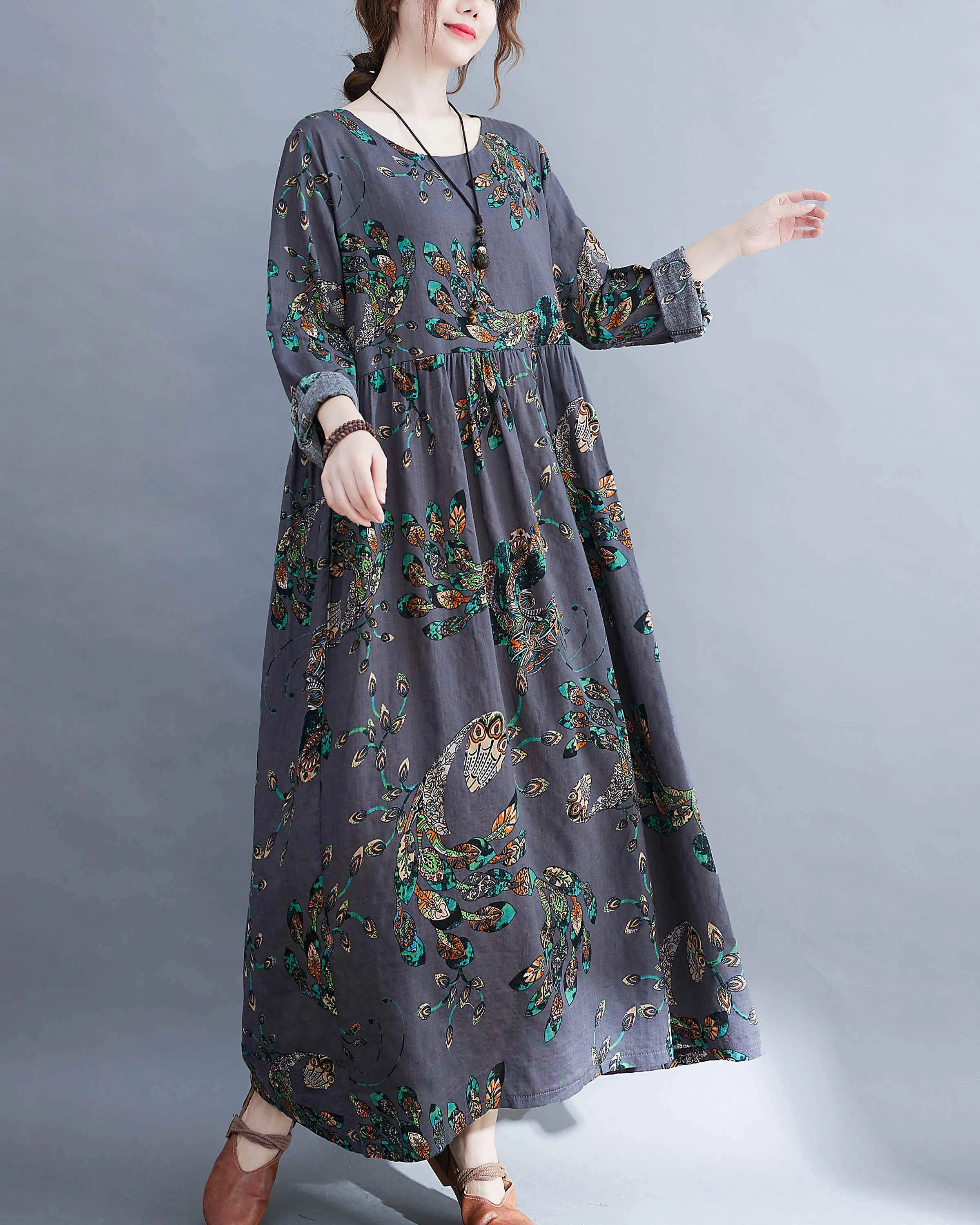 ellazhu Women Long Sleeve Crewneck Floral Print Boho Vintage Dress GA2452