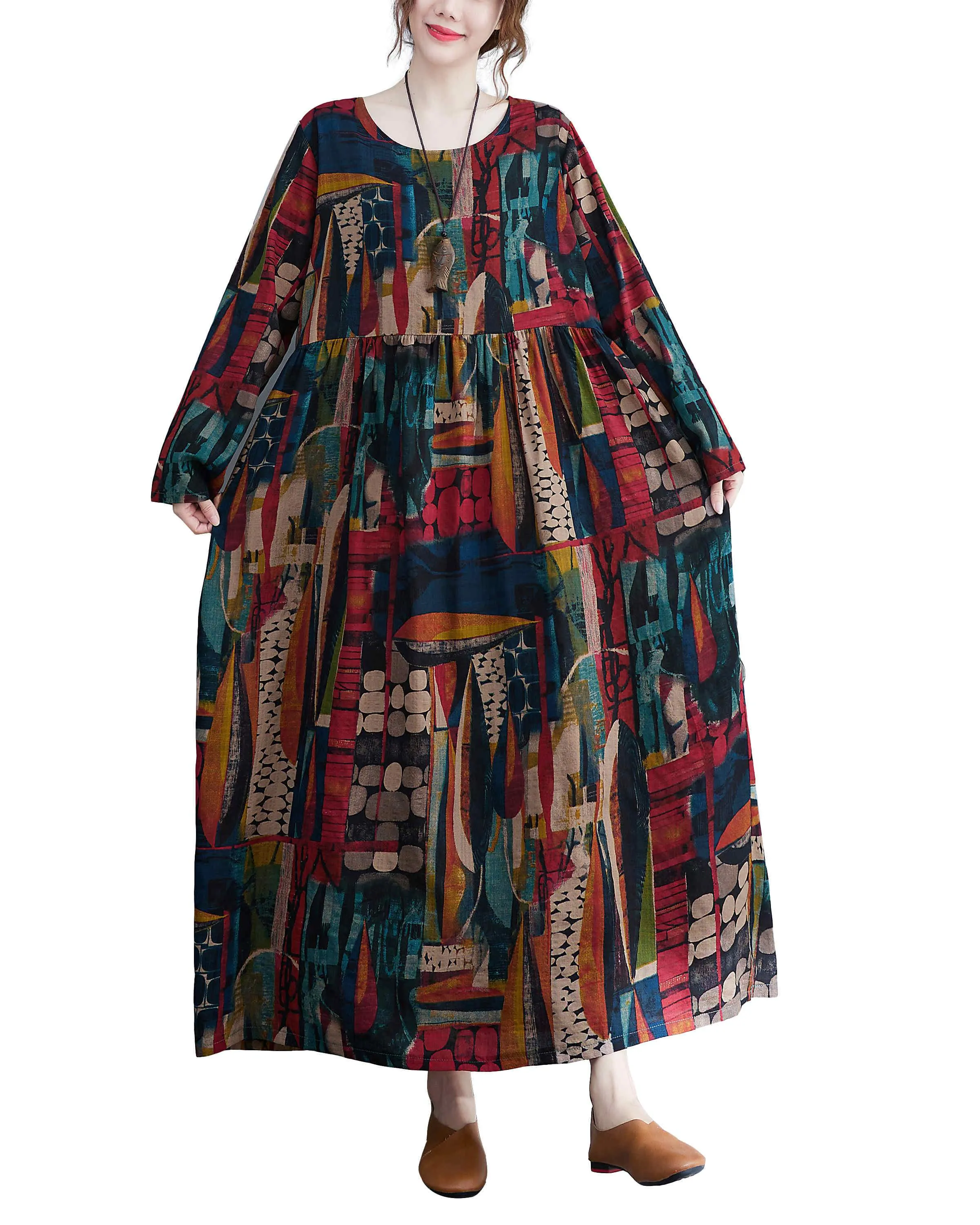 ellazhu Women Long Sleeve Crewneck Floral Print Boho Vintage Dress GA2452