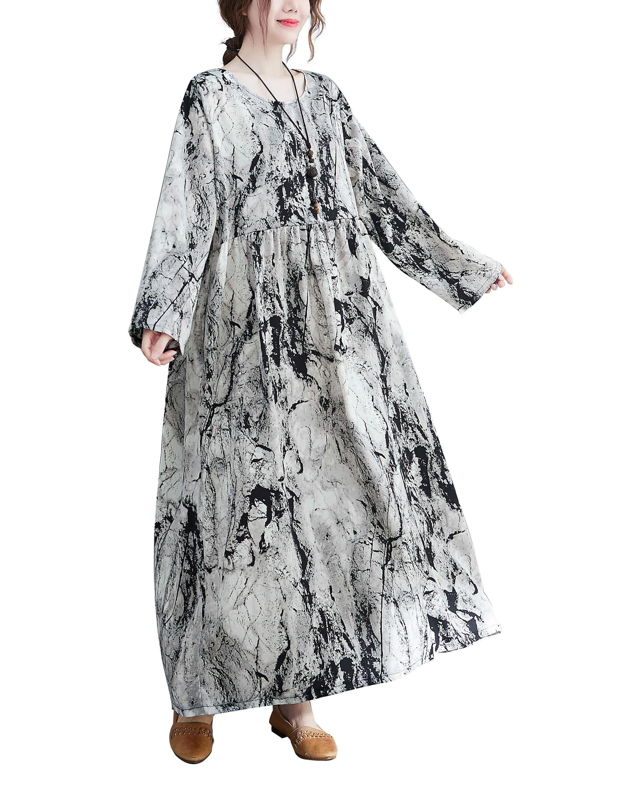 ellazhu Women Long Sleeve Crewneck Floral Print Boho Vintage Dress GA2452