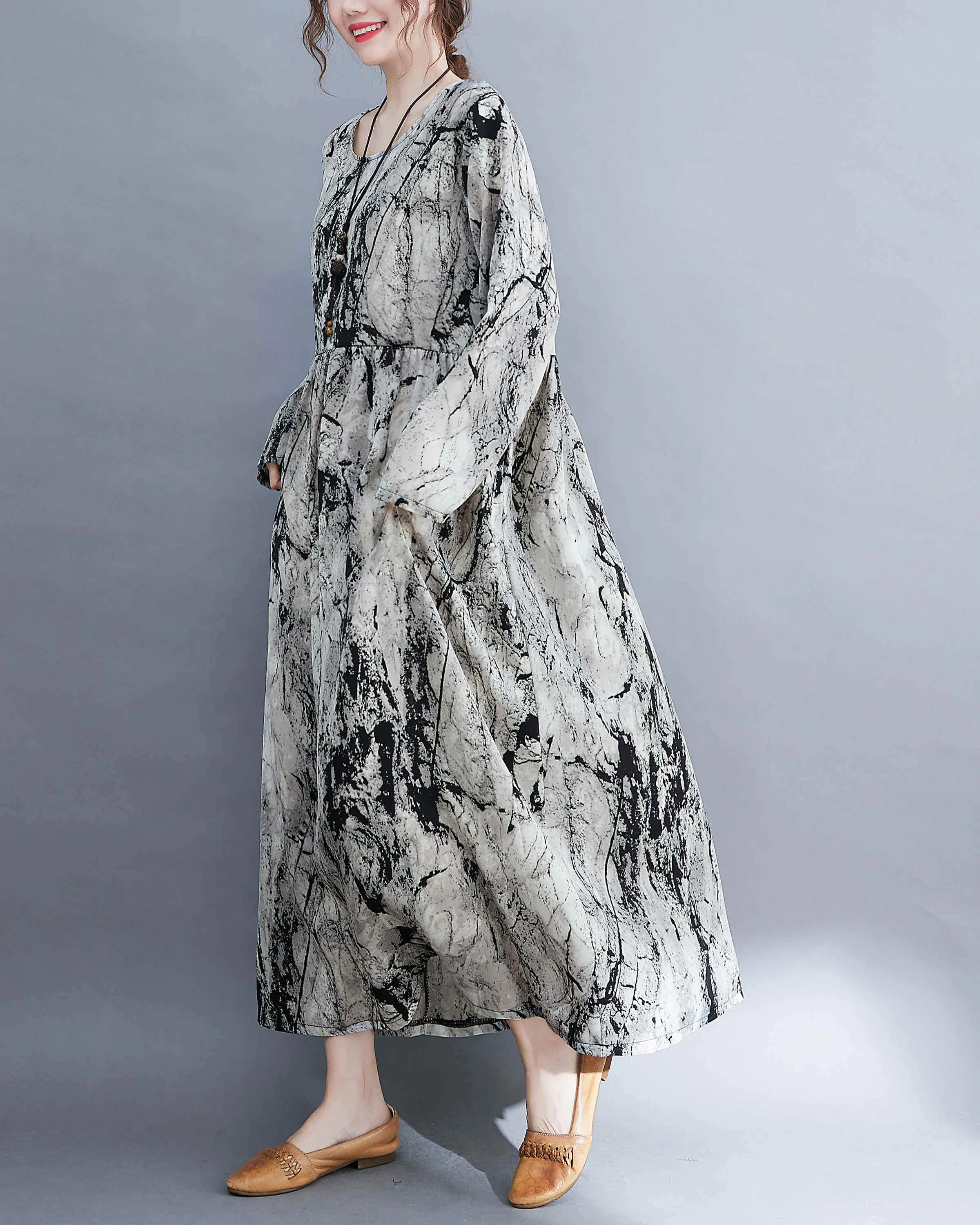 ellazhu Women Long Sleeve Crewneck Floral Print Boho Vintage Dress GA2452