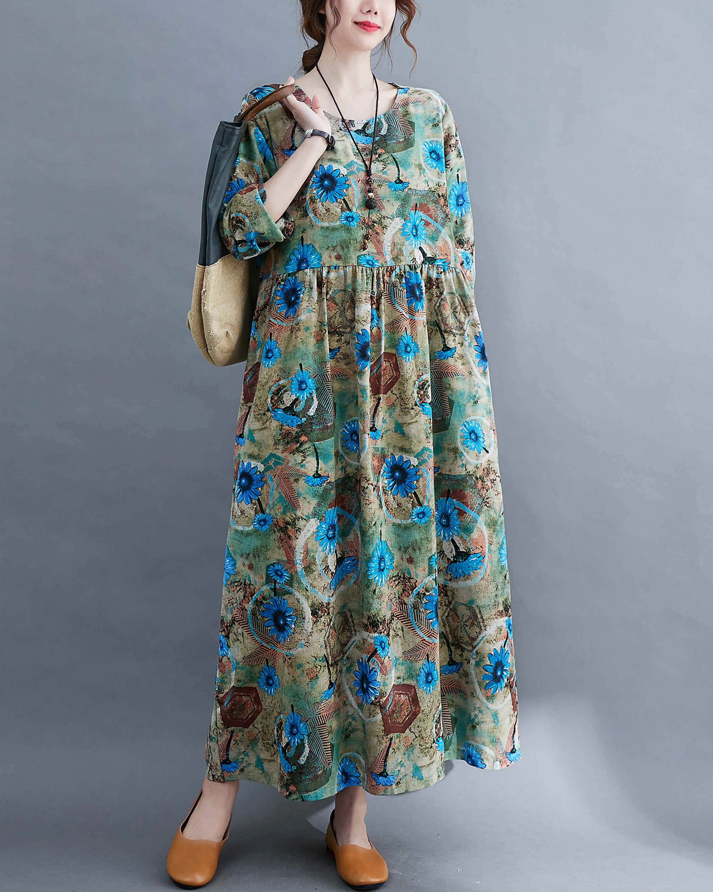 ellazhu Women Long Sleeve Crewneck Floral Print Boho Vintage Dress GA2452