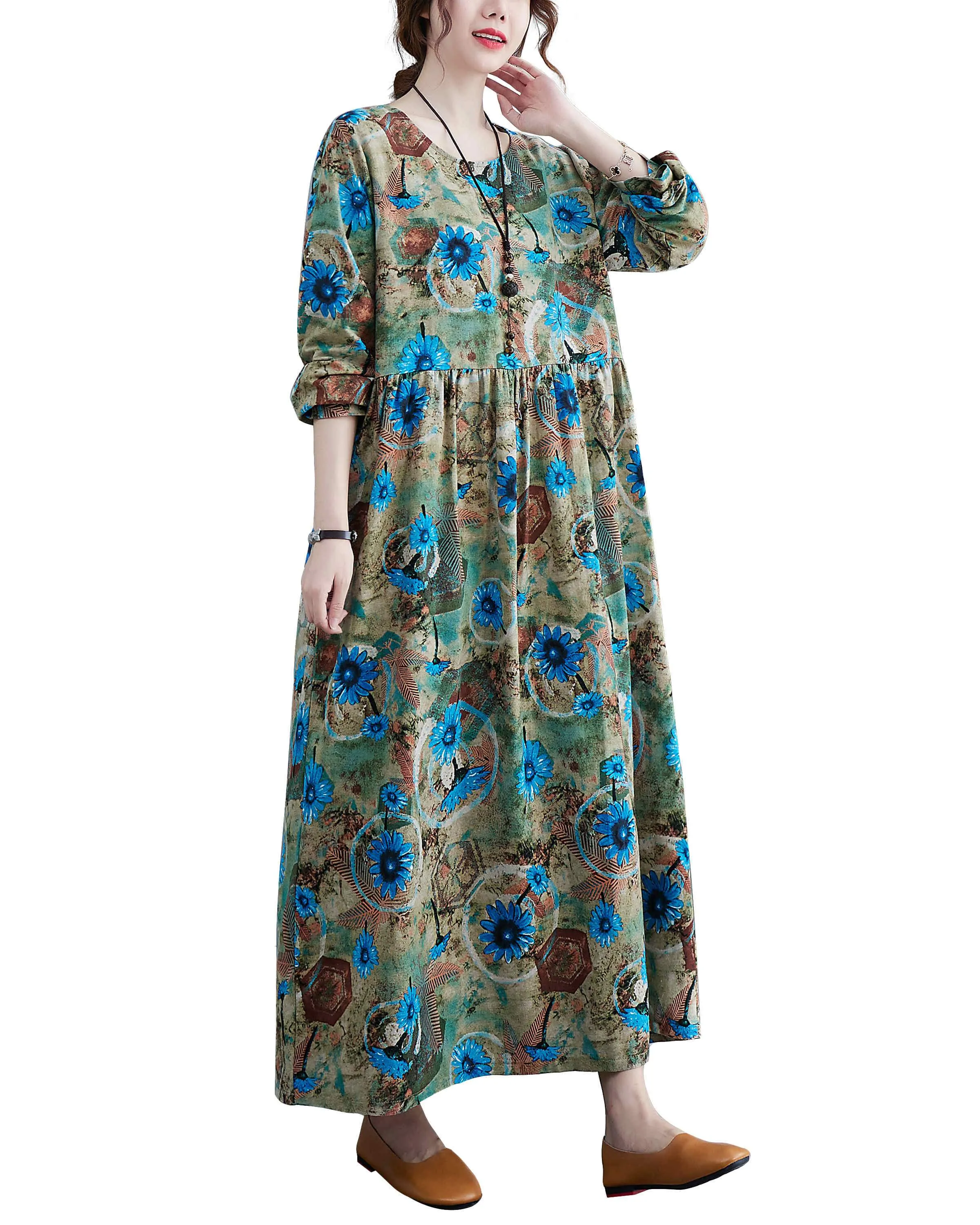 ellazhu Women Long Sleeve Crewneck Floral Print Boho Vintage Dress GA2452