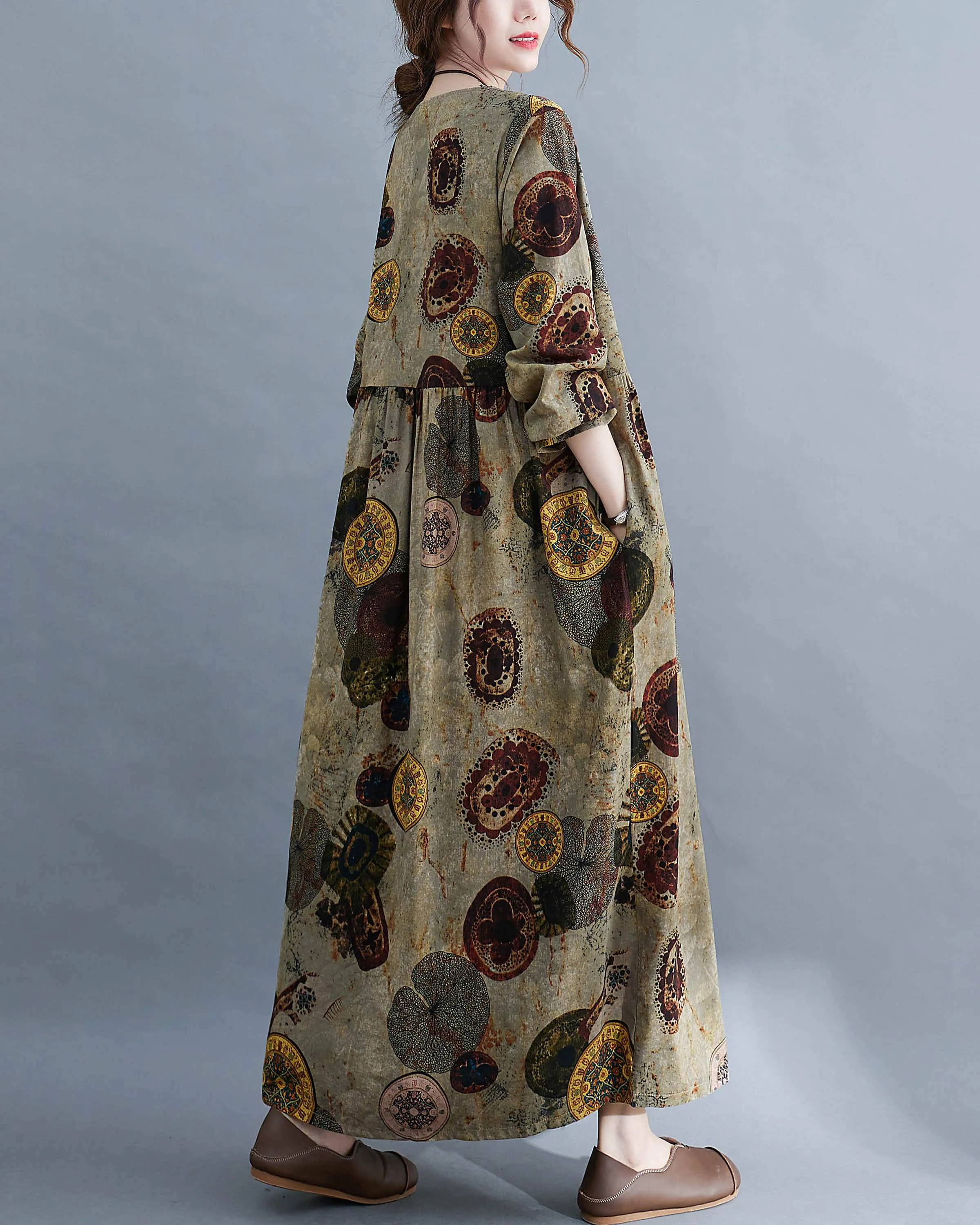ellazhu Women Long Sleeve Crewneck Floral Print Boho Vintage Dress GA2452