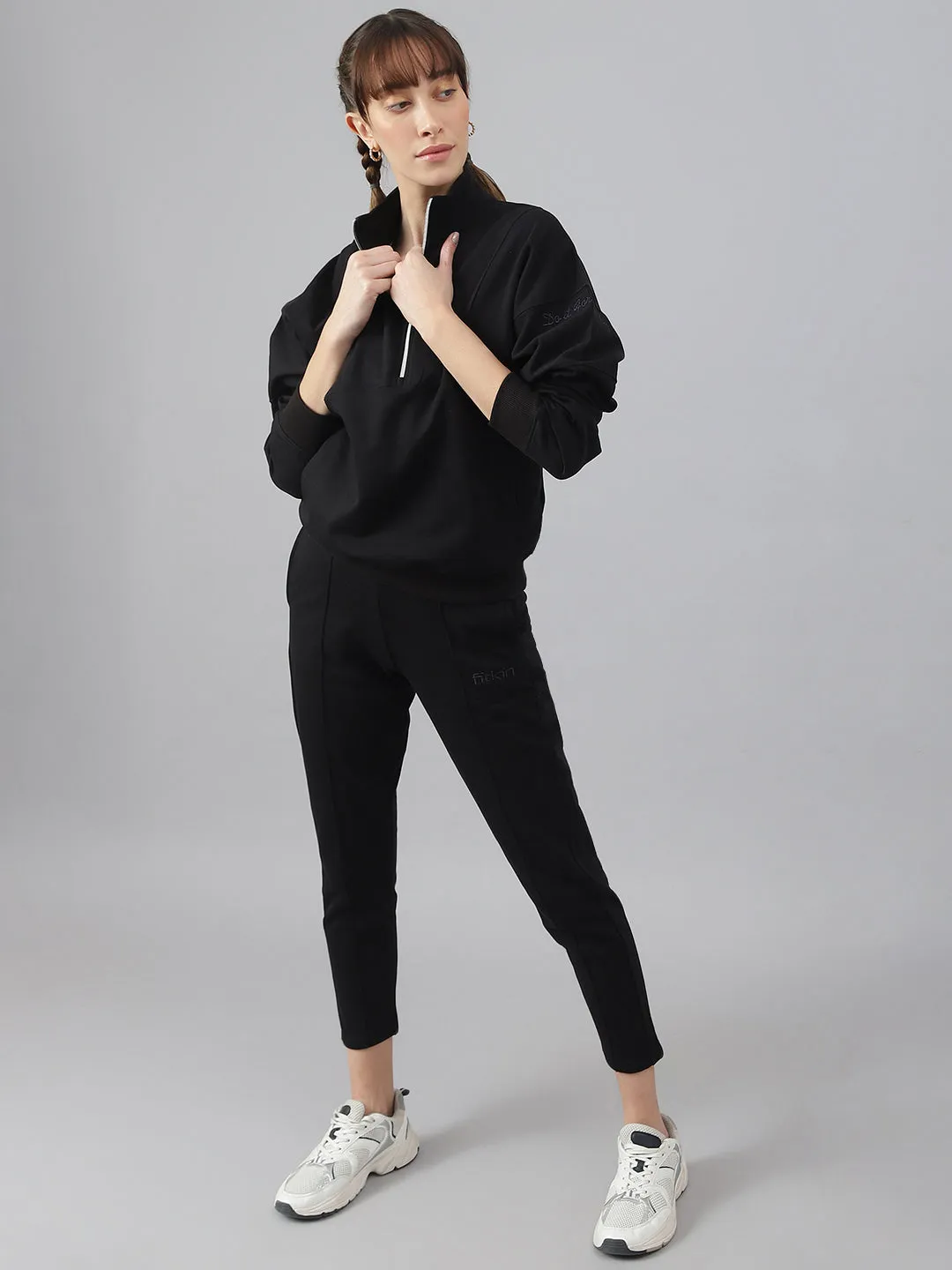 Fitkin Women Black Regular-Fit Fleece Sweatshirt