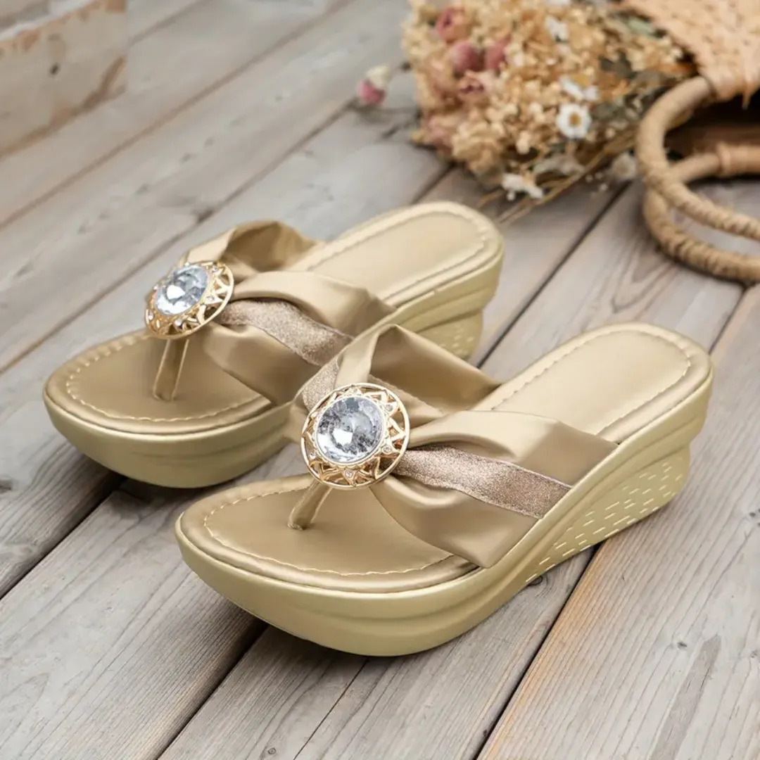 Fleekcomfy Rhinestone Arch Support Wedge Flip Flops