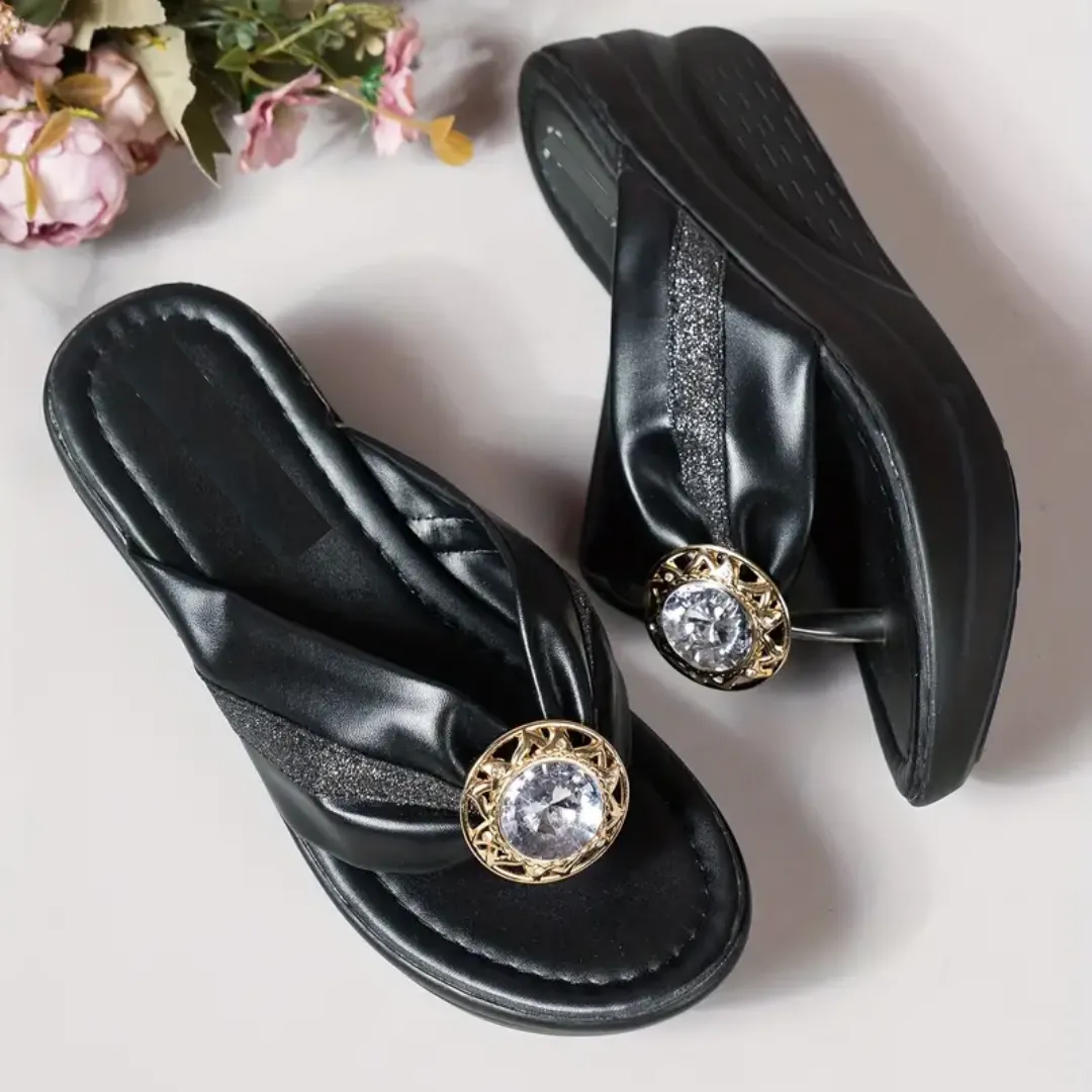 Fleekcomfy Rhinestone Arch Support Wedge Flip Flops